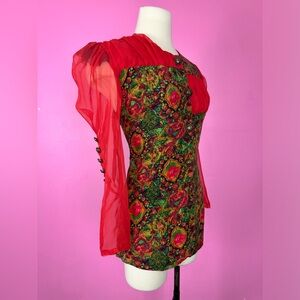 Vintage 1980s 80s Button Up Blouse with Ruched Red Chiffon Sheer Long Sleeves